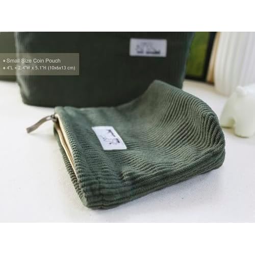 HAPPYHEIDI Corduroy Makeup Bag Set 3 Cosmetic Toiletry Travel Pouch Organizer for Purse Tote, Women Girls Gift, Large Medium Small, Solid Sage Green