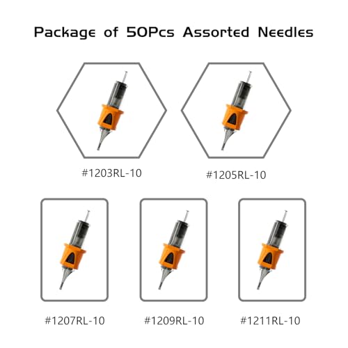 BIGWASP Energy Tattoo Cartridge Needles 50pcs Assorted Finger Ledge Tattoo Needle Round Liner 0.35mm Mixed #12 Standard RL (3RL 5RL 7RL 9RL 11RL) for Rotary Tattoo Machine