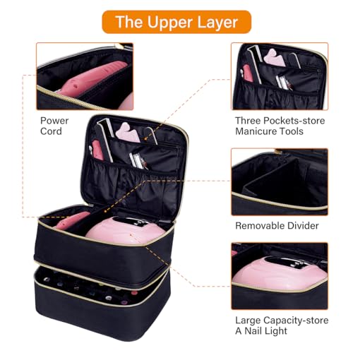 Nail Polish Organizer, Handheld Double Layer Organizer Holds 30 Bottles (15 ml/0.5 floz) with Adjustable Dividers for Nail Polish Small Manicure Lamp Manicure Tools Essential and Travel,Black