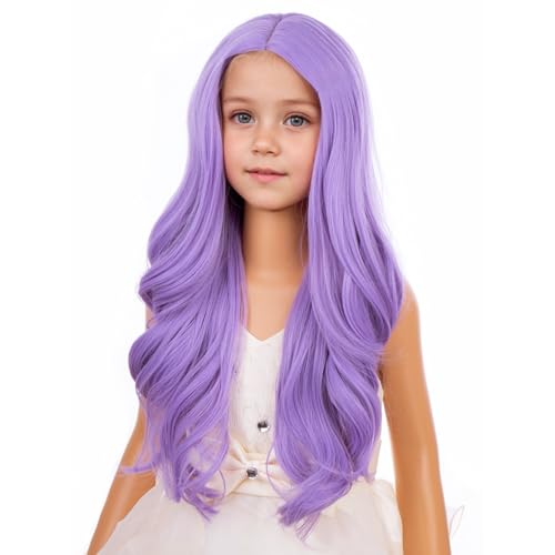Purple Wig for Kids Girls - Long Wavy Curly Synthetic Wig with Wig Cap