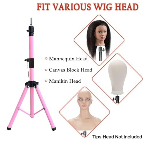 Reinforced Wig Stand Tripod 59" Heavy Duty Adjustable Mannequin Head Stand Tripod for Styling Cosmetology Hairdressing Training, Pink Wig Head Stand Sets with Wig Caps,Comb,Hair Clips, T-Pins,Headband