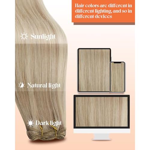 Sunny Hair Human Hair Weft Extensions Blonde Human Hair Extensions Sew in Bundle 20inch Hand Tied Weft Hair Extensions Human Hair Ash Blonde Highlight Bleach Long Hair Extensions Sew in 100g