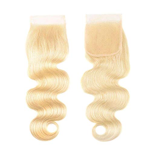 613 Human Hair Bundles Brazilian Body Wave Blonde Virgin Hair 3 Bundles with 4x4 Lace Closure Free Part Remy Hair Extensions for Women (14 16 18+12, #613)