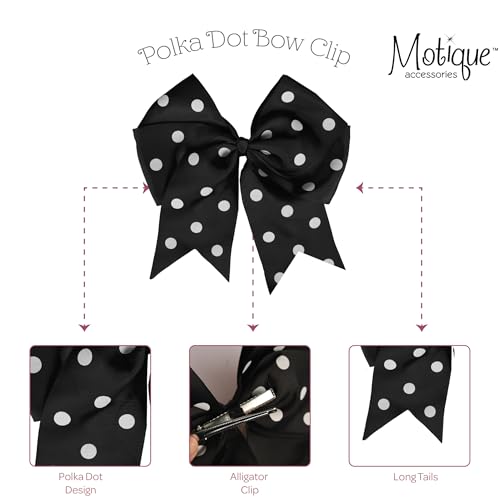 7.5 Inch Polka Dot Hair Bow with Tails Grosgrain Ribbon Hair Clip (Black)
