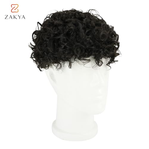 Zakya Hair System for Men Curly Real Human Hair 20mm Curly Mens Toupee 6 * 8in Hair System Replacement Toupee for Men