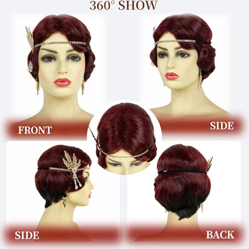 STfantasy 20S Finger Wave Wig Flapper Curly Synthetic Hair for Women 1920s Cosplay Costume Halloween Party Daily Everyday Wear (Black+Red)
