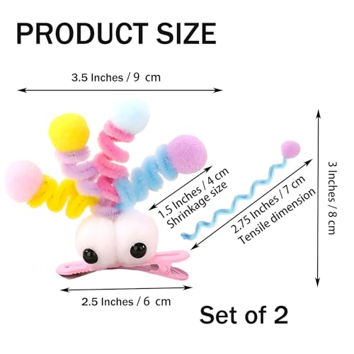 MIUPOO Fluffy Pom Poms Hair Clips,Crazy Hair Day Accessories for Girls,Quirky Little Monster Barrettes,Plush Duckbill Hairpins Hair Barrettes,Party Modeling Hair Accessories,2 Pieces,Pink eyes