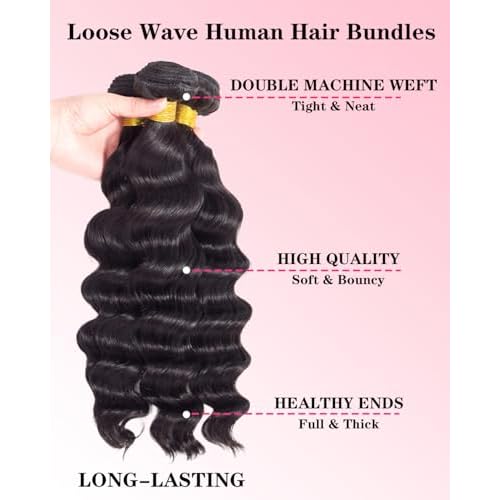 Loose Wave Bundles Human Hair with 5x5 Closure, (14 16 18+12) 12A 100% Real Human Hair Loose Deep Wave Bundles with Closure 5x5 Natural Color Unprocessed Brazilian Virgin Human Hair Extension
