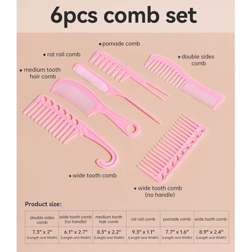 6PCS Professional Hair Comb Set for Women & Men Rat Tail, Wide & Fine Tooth Combs for Curly Hair, Braiding, Barber Styling, Cutting & Parting (Pink)