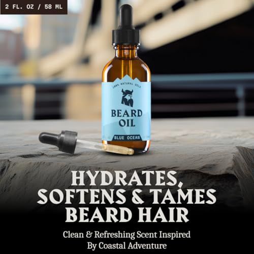 Striking Viking Beard Oil for Men - Naturally Derived Conditioner with Almond, Tea Tree, Argan & Jojoba Oil for Beard Growth, Softening & Moisturizing (2 Fl Oz (Pack of 1), Blue Ocean)