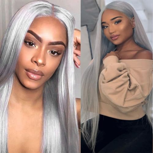 Grey 13x4 Lace Front Wigs Human Hair for Women Silver Straight HD Transparent Lace Front Wigs Human Hair Pre Plucked Glueless Lace Frontal Wigs 24 Inch 180 Density