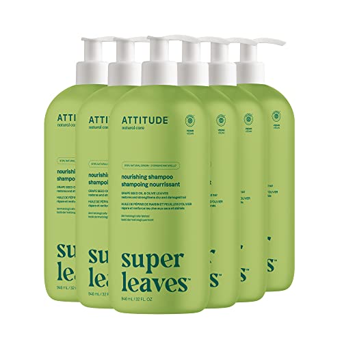 ATTITUDE Nourishing Hair Shampoo, EWG Verified, For Dry and Damaged Hair, Naturally Derived Ingredients, Vegan and Plant Based, Grapeseed Oil and Olive Leaves, 32 Fl Oz (Pack of 6)