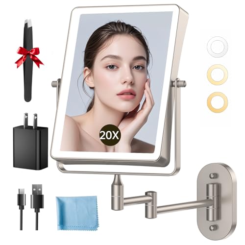 Wall Mounted Lighted Makeup Mirror, 1X/20X Magnifying 5000mAh Rechargeable Make Up Mirror with 3 Color Lights, Touch Dimmable, 360 Rotation Wall Mount Mirror Swing Arm with Tweezer and Adapter
