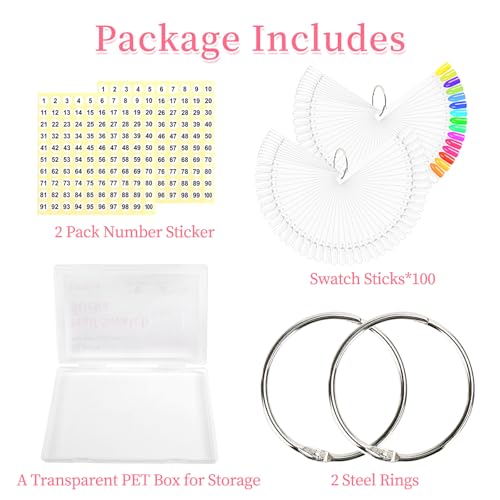 BQAN 100 Pcs Nail Swatch Sticks with Ring, Nails Art Display/Nail Practice Sticks for Home or Salon Use, 2 Pack Number Stickers