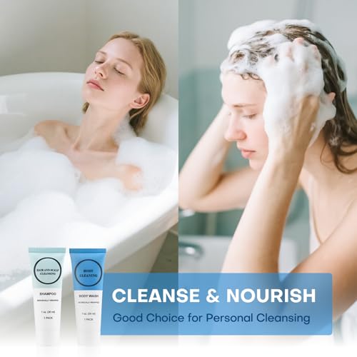 Travel Size Shampoo and Body Wash Bulk, Individually Wrapped Hotel Mini Shower Gel and Small Men Women Cleansing Toiletries Amenities for Hotel/Vacation/Homeless 1 oz (3.7inch, Count, 60)