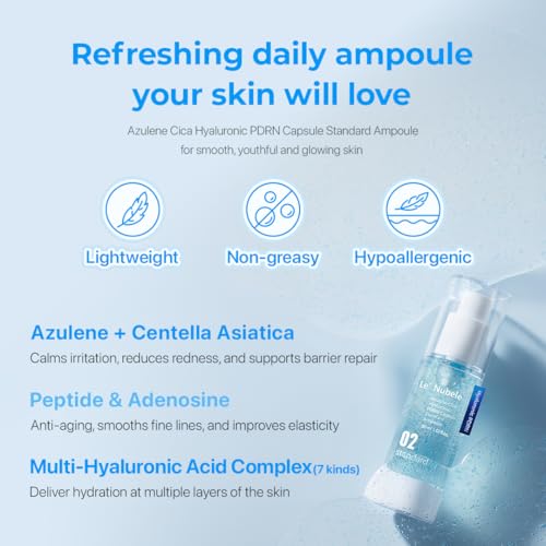 Le Nubele Azulene Cica Hyaluronic PDRN Capsule Standard Ampoule 02, Salmon DNA PDRN 3,000ppm, Peptide, Collagen Booster, Skin Rejuvenation, Hydrating, Acne Skin, Korean Skin Care 30ml/1.01 fl.oz.