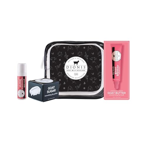 Dionis Goat Milk Watermelon Burst 3-Piece Lip Care Kit, Travel Bag Included ? Sugar Polish, Goat-Butter Overnight Mask & Scented Jumbo Lip-Balm - Moisturizing Clean Beauty, Cruelty-Free, Made in USA