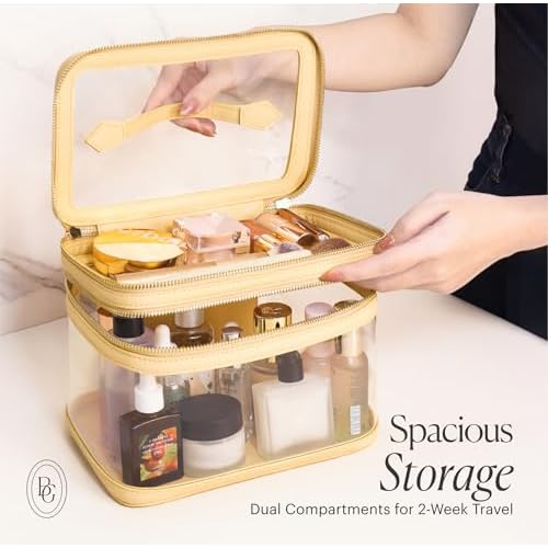 Clear Travel Makeup Bag for Women Organizer with Handle Beige, Extra Large Transparent Makeup Bag Toiletry Organizer with Zipper, Clear Cosmetic Travel Bags for Women Skincare Organizer for Traveling