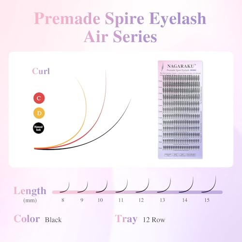 NAGARAKU Premade Spire Eyelash Extensions, 5 Trays in 1 Pack Air Series Feather Shape Manga Anime Lashes Volume Soft Black Flat Root Spikes Fans Eyelashes DIY Clusters Lash-0.07 C Curl 8-15mm Mix