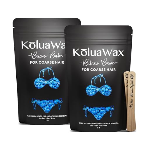 KoluaWax Hard Wax Beads for Hair Removal ? Coarse Hair Formula ? Face, Brazilian, Underarms, Back Chest, Bikini Waxing ? Sea Salt & Surf, 1lb Refill for Wax Warmers & 10 Large Applicator Sticks 2 Pack
