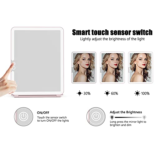 WEILY Makeup Mirror with Lights, 2000 mAh USB Rechargeable Lighted Makeup Mirror, Touch Screen 3 Colors Adjustable 72 LED Lights Compact Travel Mirror, Gift for Girls Women (Pink)