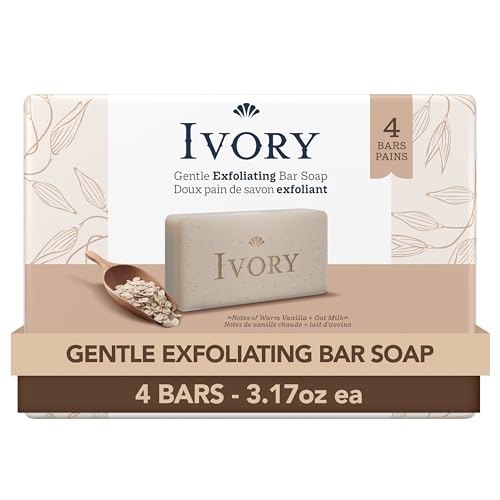 Ivory Exfoliating Bath Bar Soap, Designed for Whole Family with Plant-Based Cleansers, Made Without Heavy Perfumes, Parabens or Phthalates, Warm Vanilla + Oat Milk Scent, 3.17 oz (4 Count)