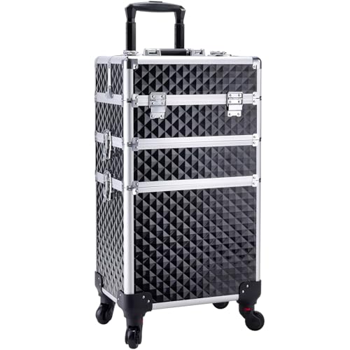 Adazzo 3 in 1 Professional Rolling Makeup Train Case Aluminum Trolley Case with 360¡Æ Rotation Wheels for Makuep Artist Cosmetic Suitcase Organizer with Lock and Key Diamond Pattern - Black