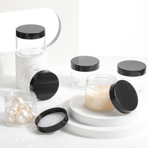Patelai 60 Pcs Plastic Container Jars with Lids Round Clear Travel Cosmetic Container Jars for Toiletries, Lotion, Cream, Ointments, Makeup, Rhinestone, Samples, Kitchen Storage(Black,6 oz)