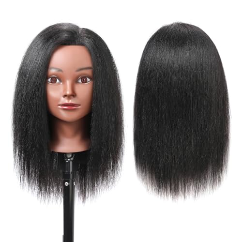 Mannequin Head with 100% Real Hair, 14" Cosmetology Mannequin Manikin Training Practice Doll Head for Hairdresser Braiding Hair Styling Hairdressing and Clamp Holder- Black