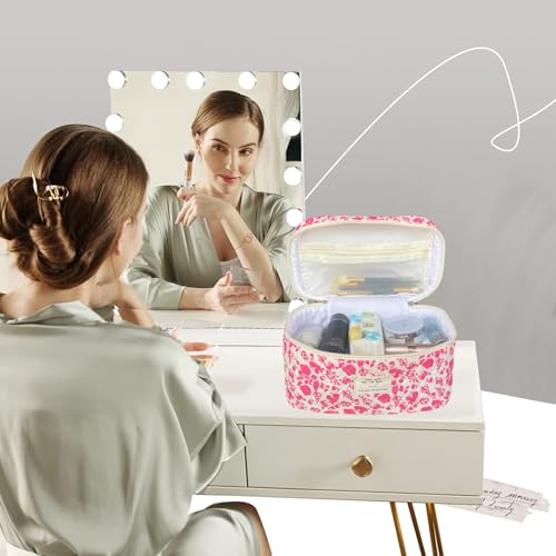 Rose Red Large Quilted Floral Makeup Bag Cute Soft Coquette Aesthetic Cosmetic Bag Cotton Travel Toiletry Bag for Women