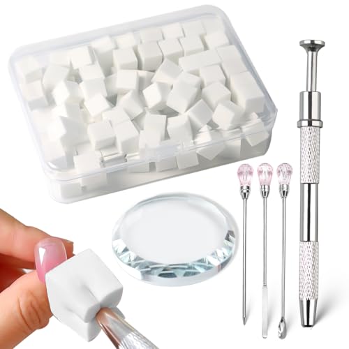 100Pcs/Box Nail Art Sponge for Ombre,Soft Nail Sponges with Grabbing Pen,Gradient Effect Painting Gel Halo Dyeing Tool Brush,Round Glass Palette Mixing Rod for Blooming Nails, Aura Nail,Manicure Salon