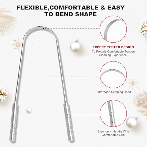 Tongue Scraper for Adults with Multicolor Travel Cases (2 Pack), Stocking Stuffers for Women Men White Elephant Gifts for Who Have Everything, 100% Stainless Steel Tongue Scrubber Tongue Cleaner