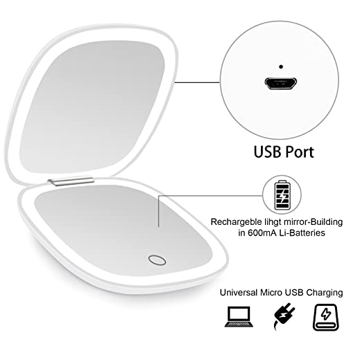 deweisn Compact Mirror, Lighted Travel Makeup Mirror with 1X/10X Magnifying Double Sided Dimmable Portable Pocket for Handbag and Pocket, USB Charging(White)