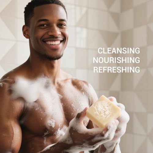 Rinse & Robust 4 Pack Men¡¯s Bar Soap Gift Set, Goat Milk Soap Bar Gift Box, Nourishing Natural Bar Soap Set for Men, No Harsh Chemicals, Includes A Lathering Net, Sandalwood Scented| 5.3 oz of 4 Bars