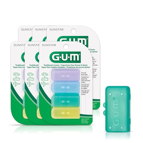 GUM Toothbrush Cap, Toothbrush Covers for Travel or Home Use, 4 Pastel Colors, Sanitizing Toothbrush Protector, 4 Covers(Pack of 6)