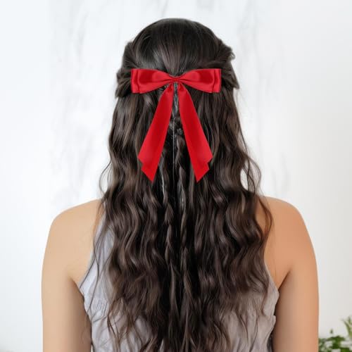 cobee 2 Pcs Red Hair Bow, Bow for Hair Satin Bows Hair Ties, Large Double Satin Ribbon Hair Clips Red Accessories for Holiday Party Women Girls Ponytail Holder