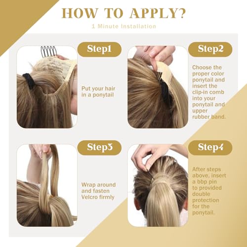 Ve Sunny Ponytail Extension Real Human Hair for Women Clip in Ponytail Hair Extension Straight Hair Pieces Wrap Around Dark Ash Blonde Highlights Golden Blonde 14inch 80G