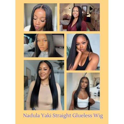 Nadula Bye Bye Knots Glueless Wig Yaki Straight Human Hair Pre Cut 7x5 Invisible Knots HD Lace Front Put on Go Wig Pre Plucked Ready to Go Light Kinky Staight Wigs 150% Density 14inch