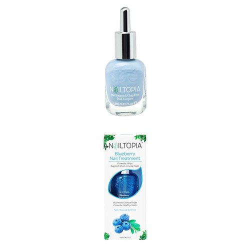 Nailtopia Strengthening Manicure Kit - Plant-Based, Chip Free Nail Lacquer in Bali Baby, Blueberry Nail Treatment - Powder Blue Polish Shade - Conditioning Superfood Oil Treatment - 2 pc