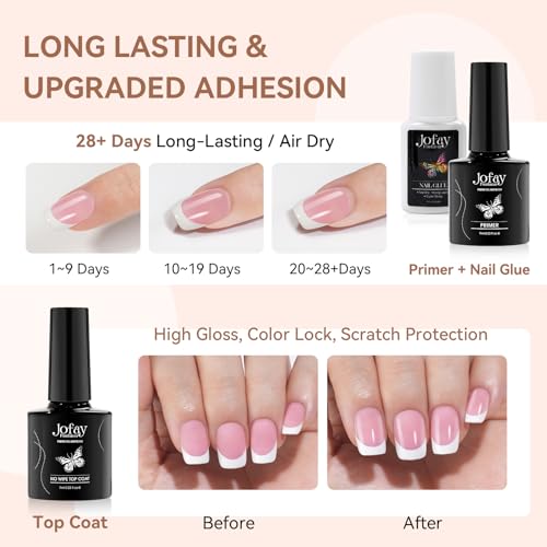 Jofay Fashion French Tip Kit, Press On Nails 240Pcs Spring Pink Square Short, Pre-Base & Pre-made Tips, Acrylic Glue on Nails