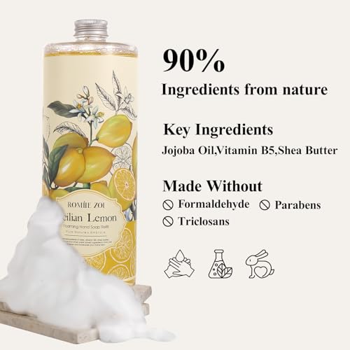 ROMIIE ZOI Hand Soap Refills Foaming 3pack (33.8 Fl Oz) + Reuseable Foam Soap Dispenser, Natural and Moisturizing Foaming Refills Kit, Lemon Hand Soap Refills