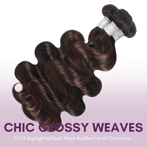 Brown Highlight 3 Bundles with 2x6 Closure Body Wave Human Hair 18 20 22+16 In, 12A Thick #F4/2 Dark Brown with Chestnut Highlight Human Hair Bundles and 2x6 Hd Lace Kim K Closure Long Deep Part