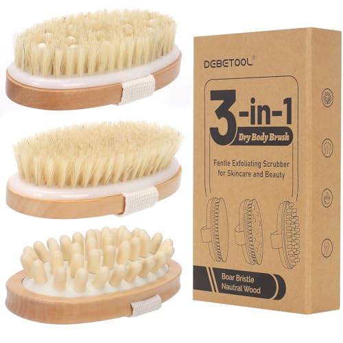 3-Pack Dry Body Brush with Massage Brush Exfoliating Dry Brushing Body Brush for Lymphatic Drainage, Natural Boar Bristle Dry Brush for Body Cellulite Improving Blood Circulation