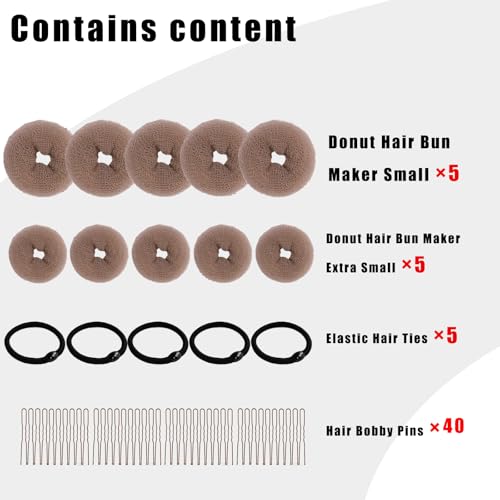 10 Pcs Hair Bun Maker - Donut Bun Maker for Hair(5 medium and 5 small),Ballet Bun for Women and Kids with Elastic Hair Ties, Hair Pins(Tan Brown)