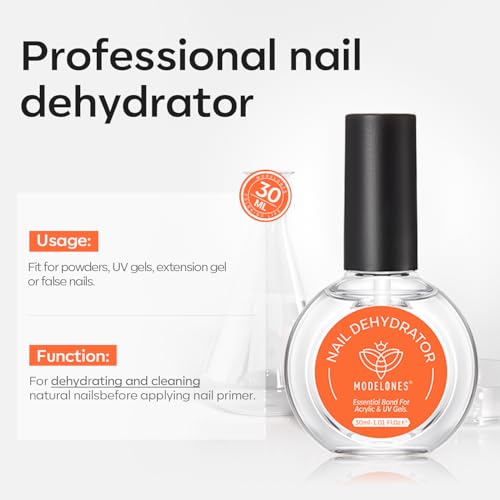 modelones Nail Dehydrator, 30 ml Nail Prep Dehydrator for Press Ons/Acrylic Nails/Gel Polish, Acid Free Natural Prep Dehydrate Acrylic Supplies