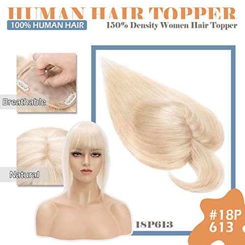 Hairro Clip In Remy Topper Hairpiece With Bangs Human Hair Clip On Toupee Wispy Bangs For Women Middle Part With Hair Loss Thinning Hair Grey Hair 16 Inch 48g #18P613 Ash Blonde Mix Bleach Blonde