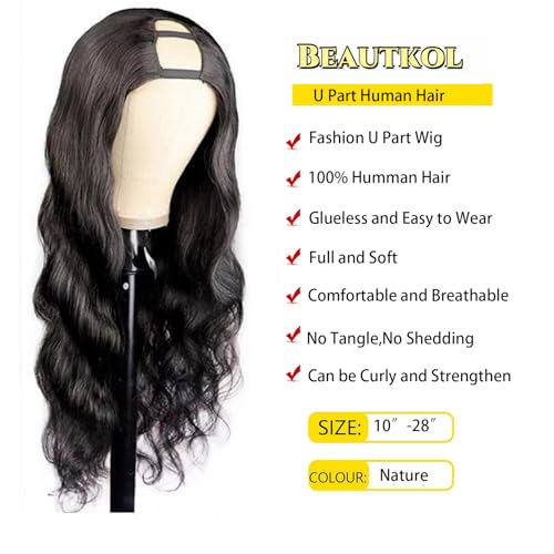 U Part Human Hair Wig Body Wave 18 Inch Brazilian Virgin Hair Glueless Wigs 100% Real Human Hair 180% density U Part Wig for Black Women U Part Wig Human Hair Upart Half Wig Natural Black Color