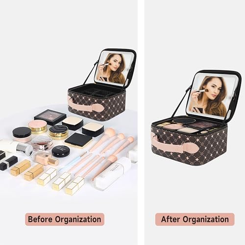 Travel Makeup Bag With 360¡Æ rotating LED Mirror,Waterproof cosmetic organizer,Portability Cosmetic case,Makeup organizer,Gift for Women,Girls Gift (Coffee + Pink)