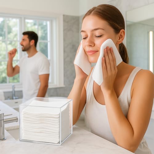 Disposable Face Towel Holder Storage Box with 50 Count Face Towel, Clear Acrylic Box Container Compatible With Clean Skin Club Clean Towel XL, Makeup Organizer With Flip Lid