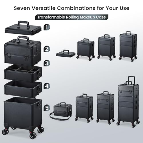 FRENESSA Rolling Makeup Case Makeup Train Case with Lid 5 in 1 Cosmetology Case on Wheels Large Makeup Organizers Salon Cart Barber Trolley Nail Teach Makeup Artist Trunk Cart Black